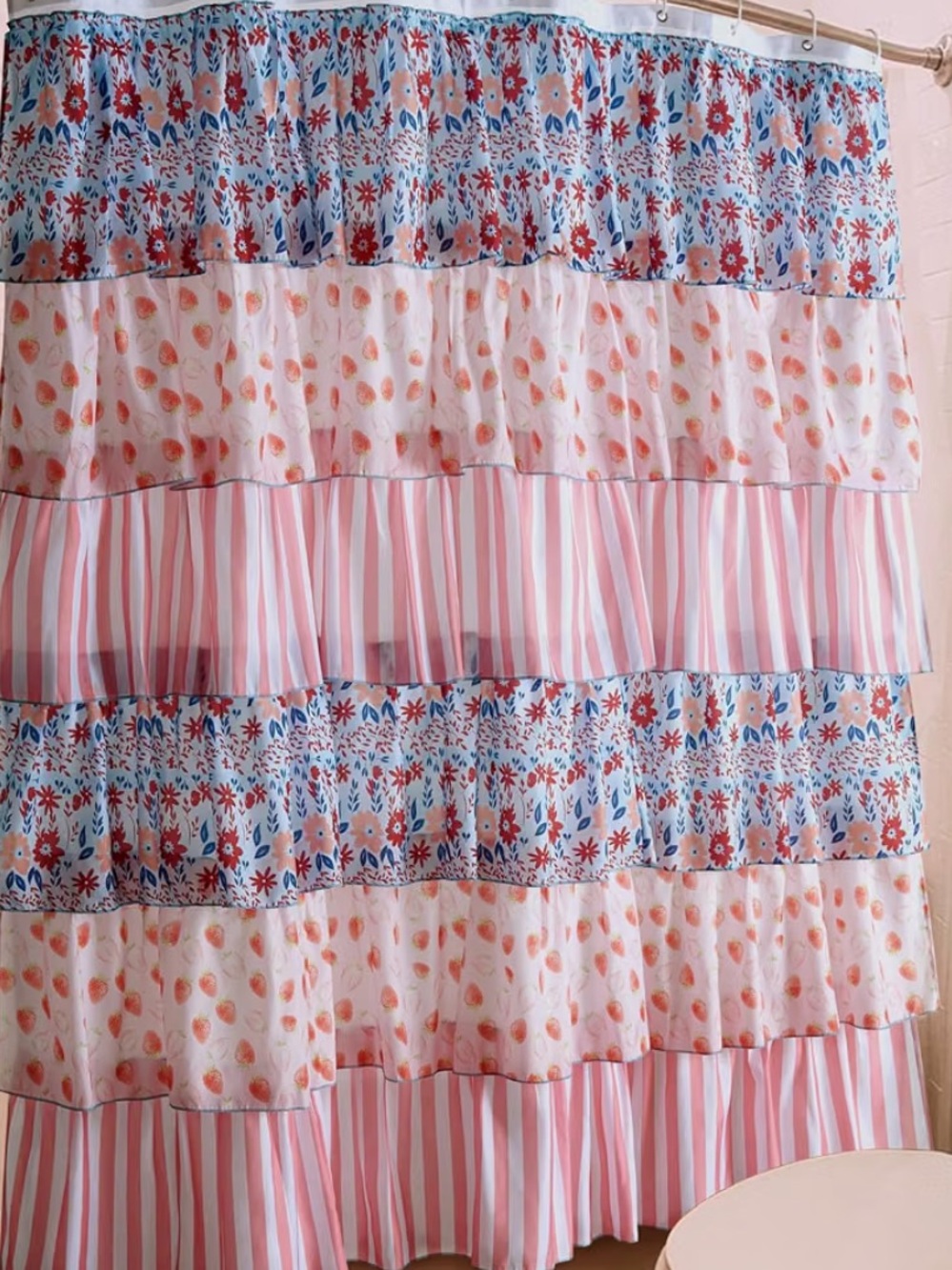 Cute Boho Floral Ruffles Pink & Blue Shower Curtain